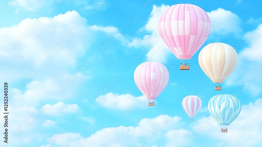 Five Colorful Hot Air Balloons Floating Upward Through White Clouds Against Blue Sky Background.