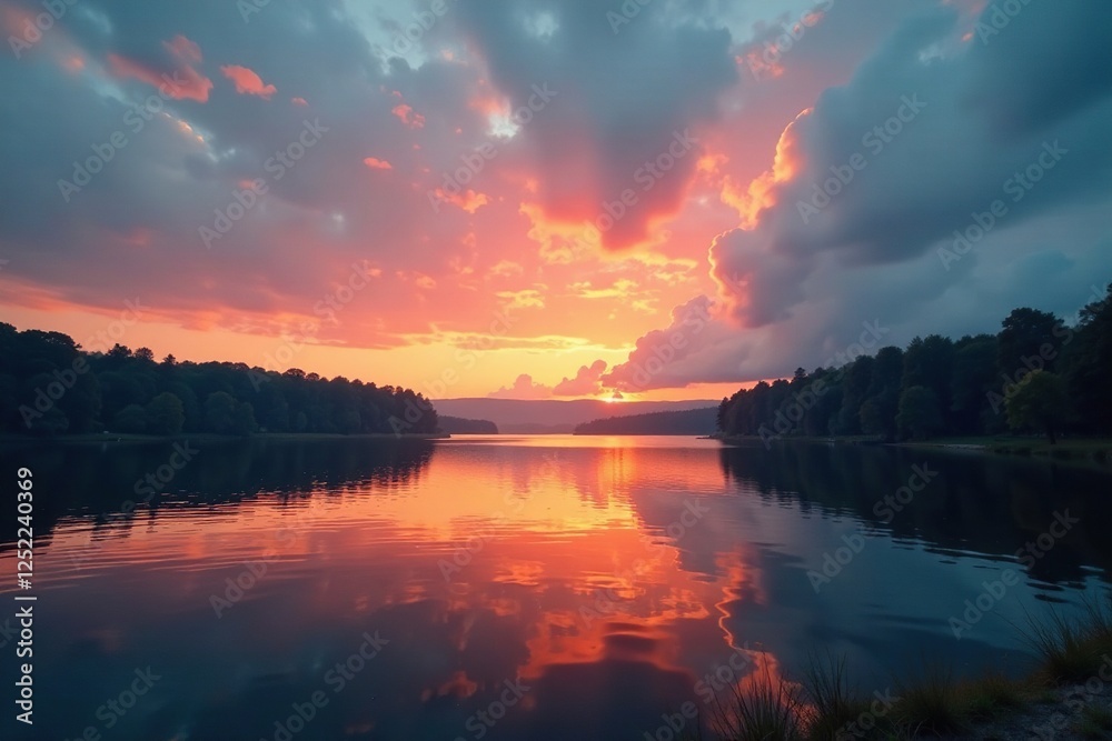 Obraz premium Muted orange tones fade into a tranquil evening sky above the lake, clouds, sky,