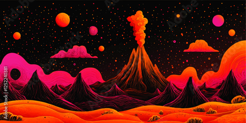 Stunning Abstract Cosmic Landscape Vector with Vibrant Volcanoes and Starry Night Sky Art in Pink and Orange Hues - Perfect for Sci-Fi and Fantastical Themes