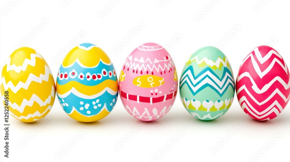 Five Decorated Easter Eggs In A Row With Colorful Patterns Against A Plain White Background.