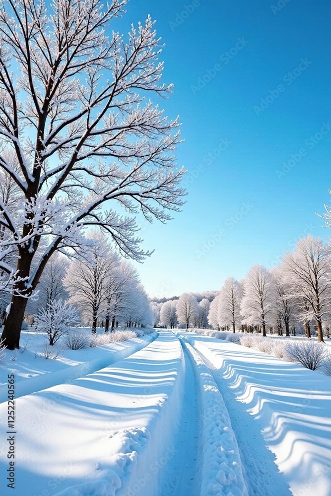 Obraz premium Snowy landscape with bare trees under a bright blue sky, winter, cold, landscape