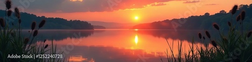 Sunset reflections on still lake with tall reeds, reed, serene