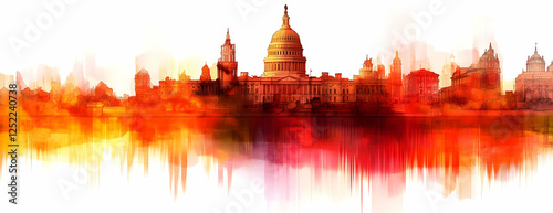 Capitol city skyline, fiery sunset, design