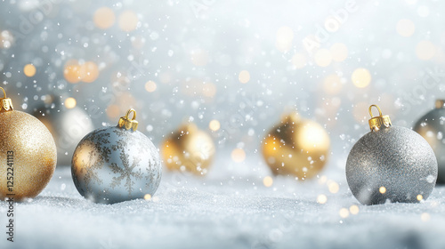 Festive Ornaments with Snow and Dazzling Bokeh Lights Background