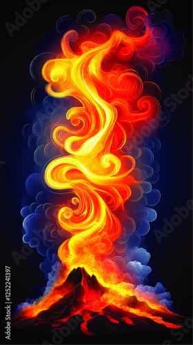 Vibrant Vector Art of Erupting Volcano with Fiery Lava and Swirling Smoke on Dark Background - Bold Colorful Abstract Illustration of Nature's Powerful Energy