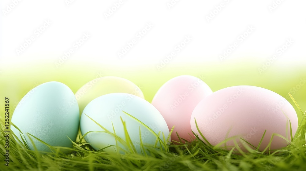 Five Pastel Easter Eggs in a Grass Nest on a Bright Background Simple Spring Decoration. Five Pastel Easter Eggs in a Grass Nest on a Bright Background Simple Spring Decoration.