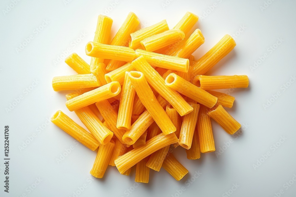 Pile of Raw Yellow Rigatoni Pasta on a White Background Pile of Raw Yellow Rigatoni Pasta on a White Background