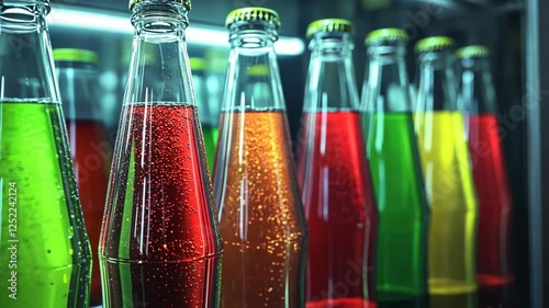 Vending machine with soda bottles of different colors, close-up. The glass bottles are filled to the brim and stand on their sides in front of other bottles, 