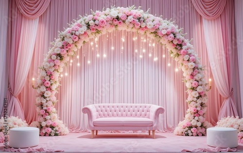 Elegant Wedding Stage Decoration with Pink Floral Arch, Luxurious Sofa, and Romantic Lighting for a Dreamy Reception Setup