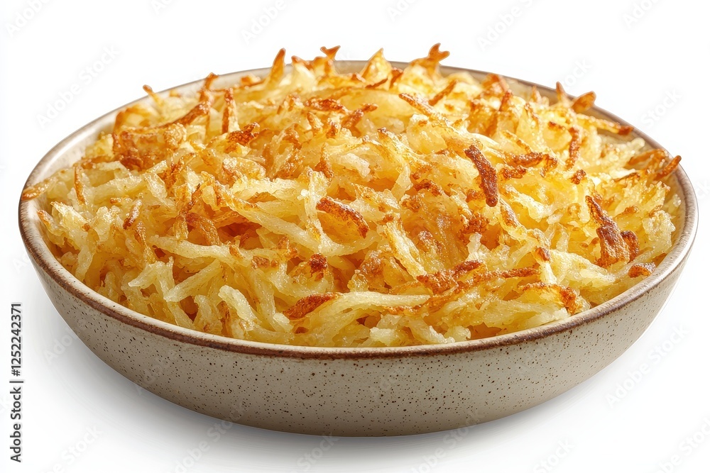 Crispy Golden Hash Browns in a Light Brown Bowl on White Background Crispy Golden Hash Browns in a Light Brown Bowl on White Background