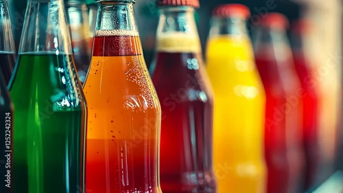 Vending machine with soda bottles of different colors, close-up. The glass bottles are filled to the brim and stand on their sides in front of other bottles, 