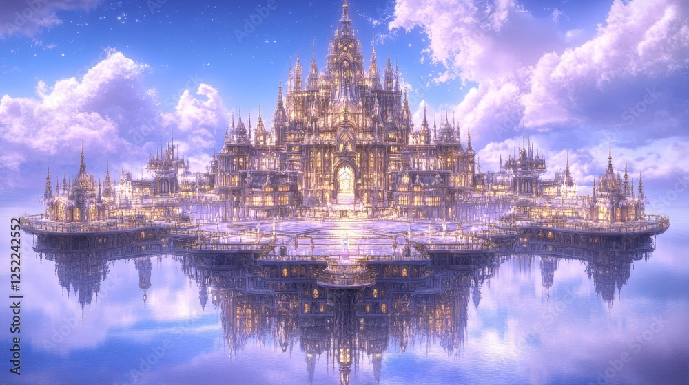 Obraz premium Floating Palace In Sky With Glowing Windows On Cloudy Day Celestial Kingdom Architecture.