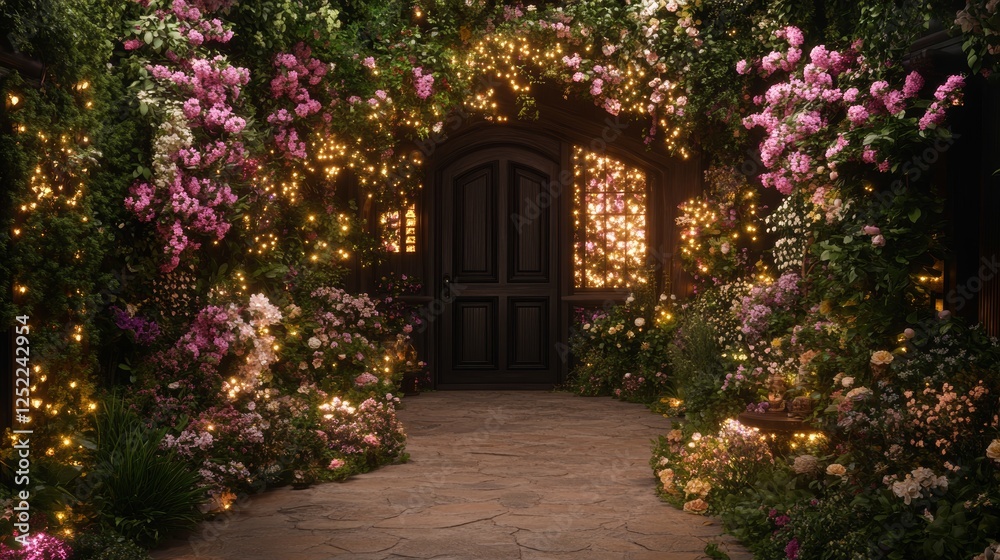 Fototapeta premium Floral Archway with Twinkling Lights Leading to Dark Doorway Amid Lush Greenery and Pink Roses.