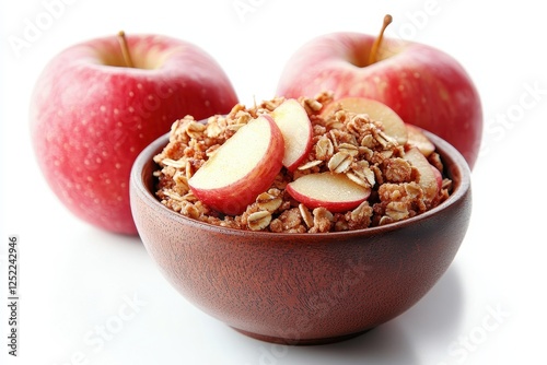 Fresh Oatmeal Granola with Sliced Apples in Wooden Bowl