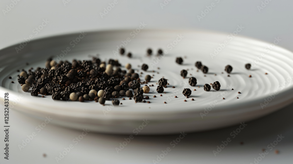 Artistic rendering of black pepper scattered on white plate, showcasing texture and detail Artistic rendering of black pepper scattered on white plate, showcasing texture and detail