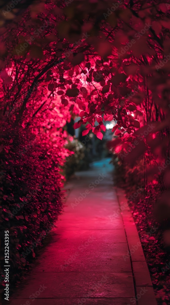 Fototapeta premium Pink-Lit Walkway with Foliage at Night