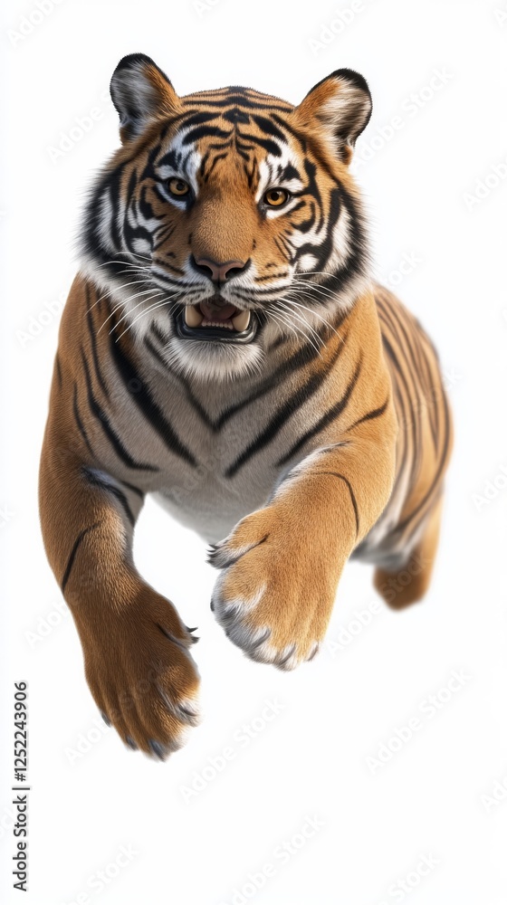 Obraz premium Tiger leaping forward on white background, dynamic wildlife concept