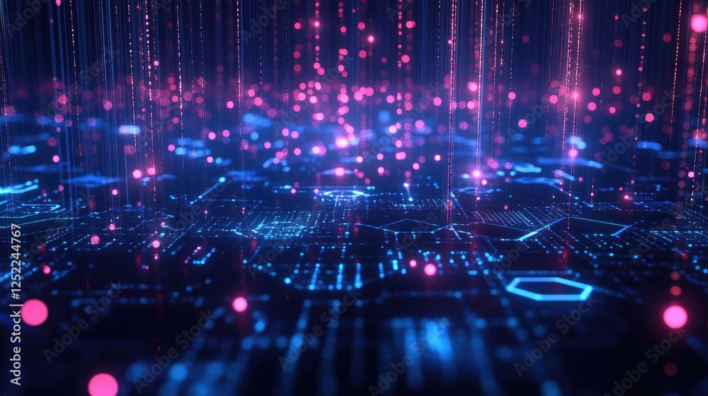 Cybernetic Bloom: A mesmerizing abstract digital art piece depicting a futuristic circuit board with vibrant pink and blue energy streams. Cybernetic Bloom: A mesmerizing abstract digital art piece depicting a futuristic circuit board with vibrant pink and blue energy streams.