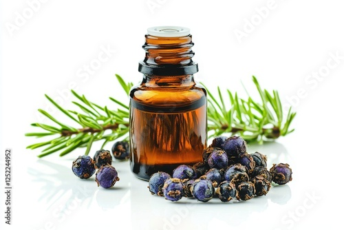 Amber Bottle of Essential Oil with Juniper Berries and Sprigs