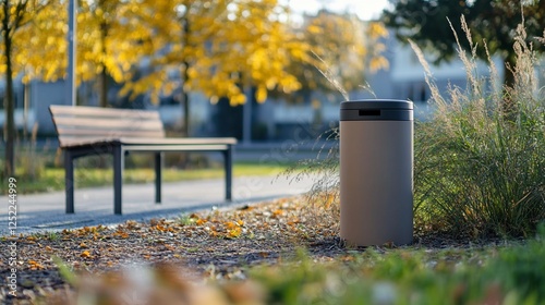 Autumn park bench, trash can, fall leaves
