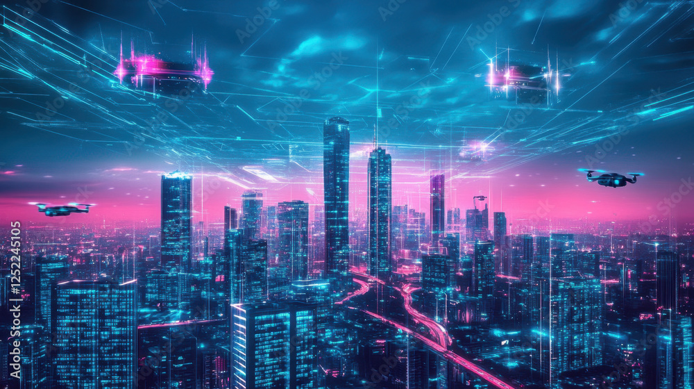 Futuristic Cityscape with Drones and Neon Lights at Night Futuristic Cityscape with Drones and Neon Lights at Night