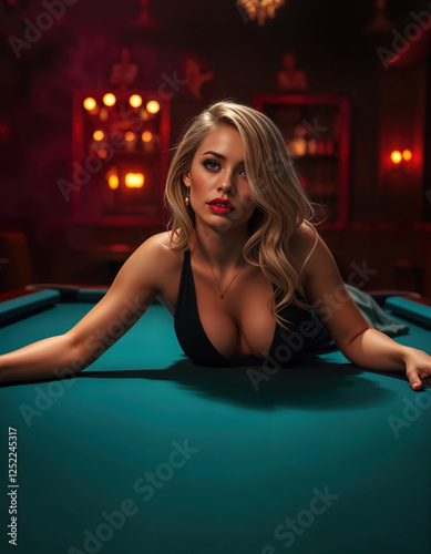 Seductive Recline: Captivating Blonde in a Form-Fitting Evening Dress Relaxing on a Billiard Table in a Moody, Neon-Lit Club