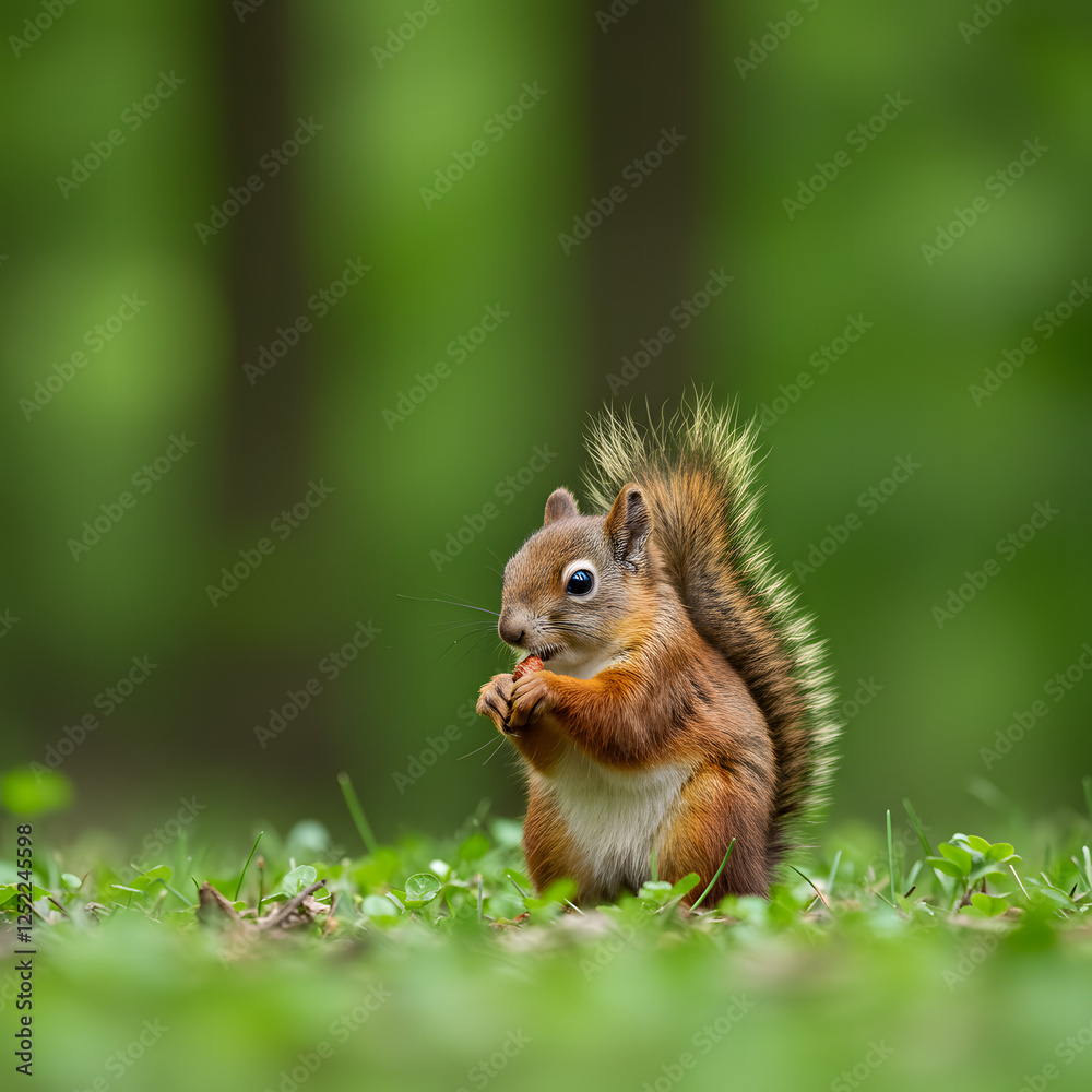 Cute red squirrel, Sciurus vulgaris, eating a nut in a green spring forest with copy space. Lovely wild animal with long ears and fluffy tail feeding in ...