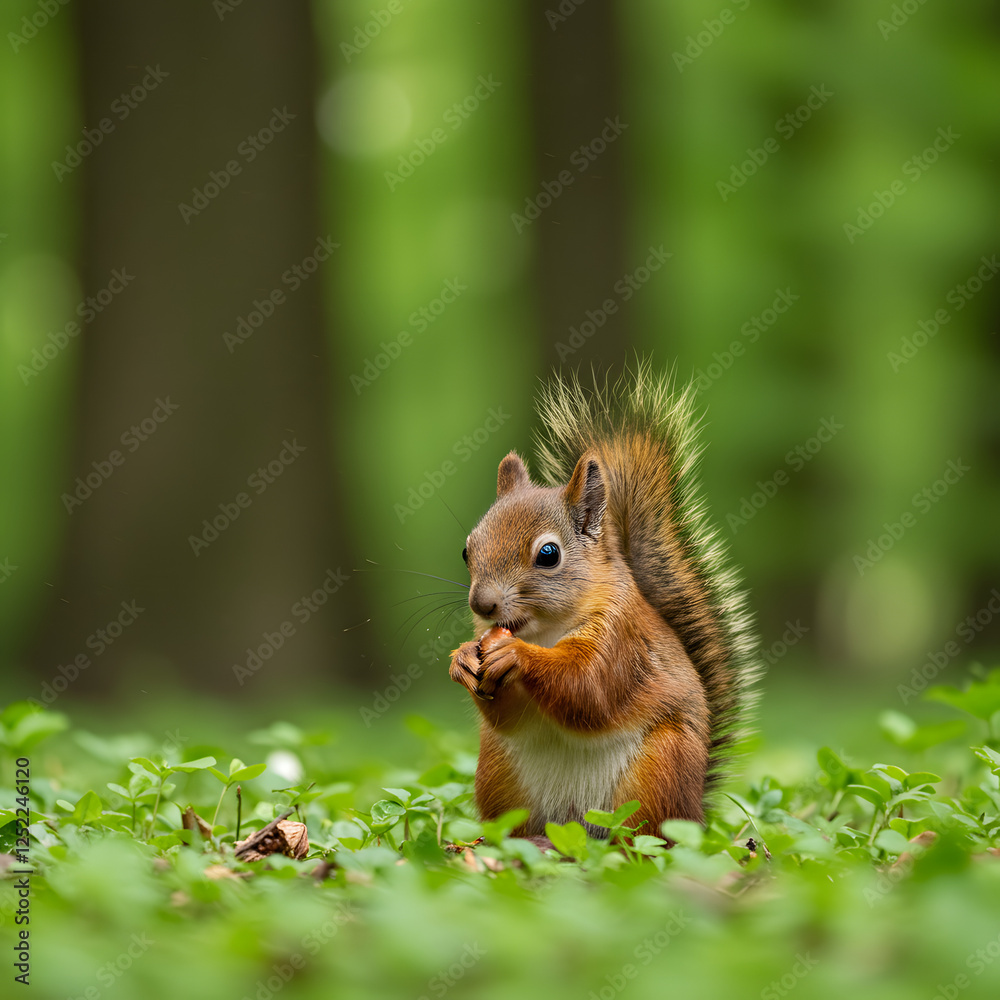 Fototapeta premium Red Squirrel Eating Nut in Forest