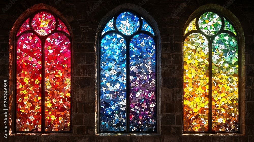 Fototapeta premium Colorful stained glass church windows, sunlight, stone wall, religious architecture, interior design