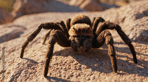 Close-up of a tarantula in its natural desert habitat, highlighting its detailed texture, leg span, and arachnid anatomy in a stunning macro wildlife portrait.