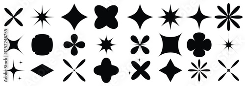 Collection of brutal contemporary figure spiral flower star oval circle and other elements. Abstract minimal geometric elements shapes and grids set. Brutalist design. Y2k style geometric shape. 