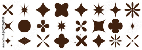 Brutalist abstract geometric shapes and grids. Brutal contemporary figure star oval spiral flower and other primitive elements. Swiss design aesthetic. Bauhaus memphis design.  Y2K retro badges. 