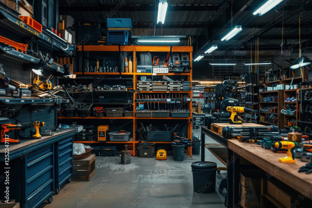 Fototapeta premium Shelves Filled with Professional Power Tools and Workshop Equipment
