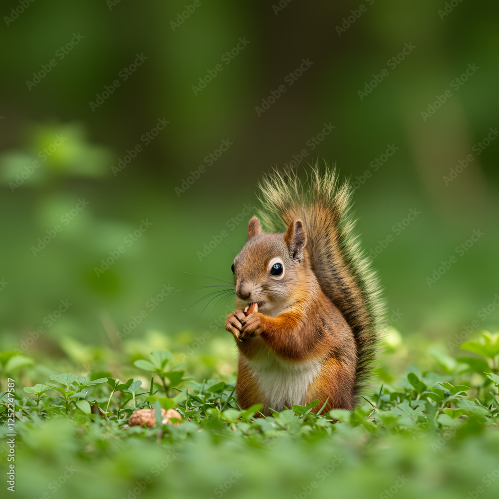 Cute red squirrel, Sciurus vulgaris, eating a nut in a green spring forest with copy space. Lovely wild animal with long ears and fluffy tail feeding in ...