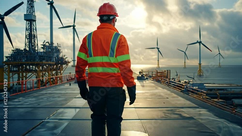 A worker in high-visibility working on wind turbines, wearing an orange hard hat and a red safety jacket with black gloves, walking towards the camera.