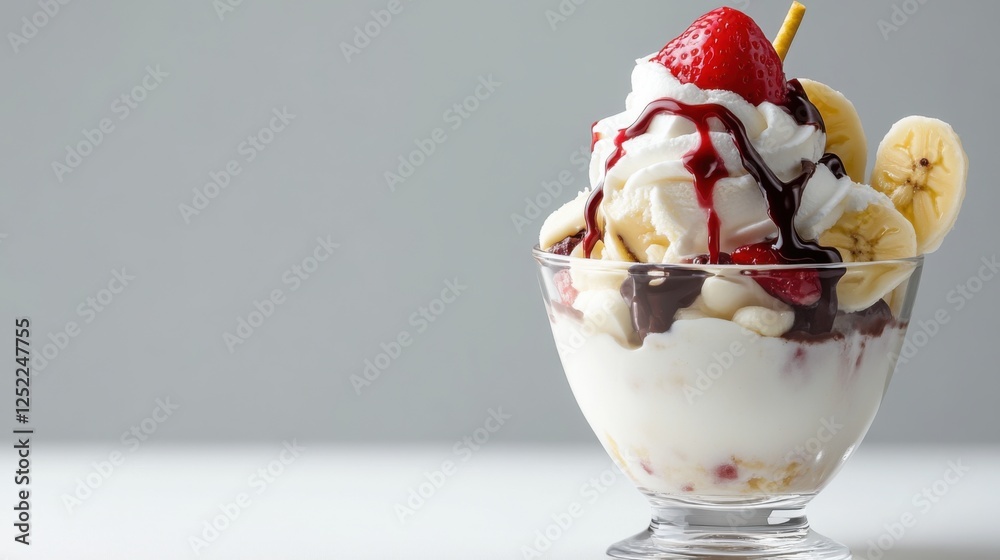 Delicious Vanilla Ice Cream Sundae with Fresh Fruits and Toppings Delicious Vanilla Ice Cream Sundae with Fresh Fruits and Toppings
