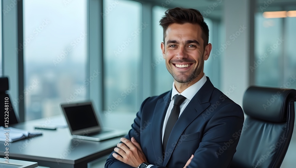 Handsome businessman in a suit smiles confidently at his desk in the office Handsome businessman in a suit smiles confidently at his desk in the office