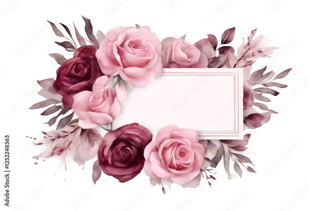roses isolated floral botanical decoration border pink illustration hand-painted white burgundy rose card flowers place watercolor painted text background template hand frame greeting wedding