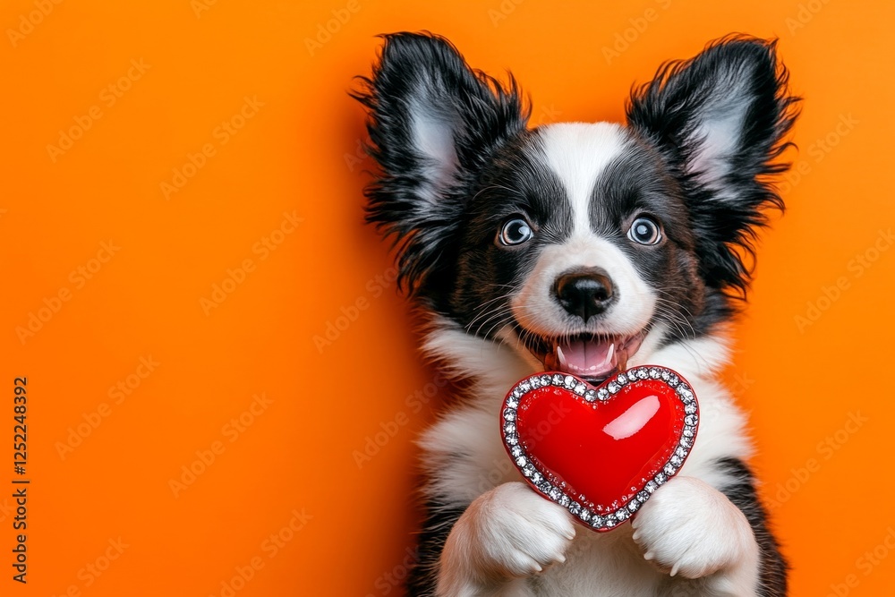 Australian cattle dog - my treasured dog. Cute australian cattle dog with sparkling rhinestones red heart - sign of love, funny greeting card. Ad creative. Valentine's day pet stories. Australian cattle dog - my treasured dog. Cute australian cattle dog with sparkling rhinestones red heart - sign of love, funny greeting card. Ad creative. Valentine's day pet stories.