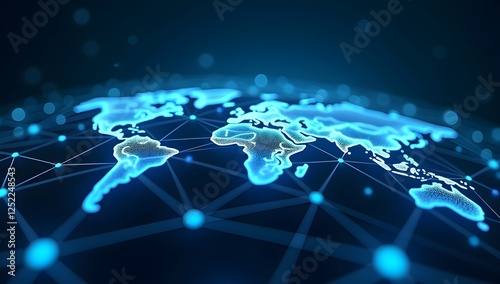 A blue world map globe illustration depicts global communication and business concepts