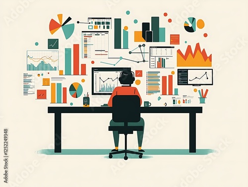 A minimalist illustration a person at a desk surrounded by geometric data charts and graphs