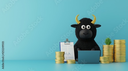 A cartoon black sheep with horns sits at a laptop, surrounded by coins and a clipboard.