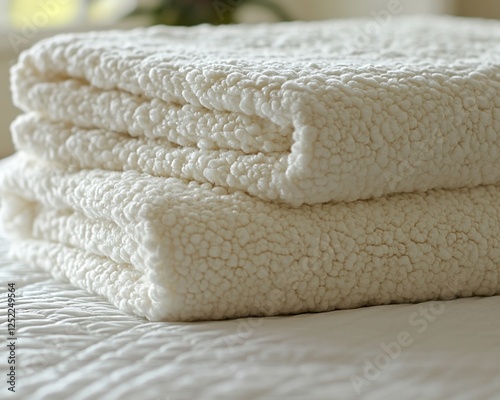 Stacked cream sherpa blankets on a bed