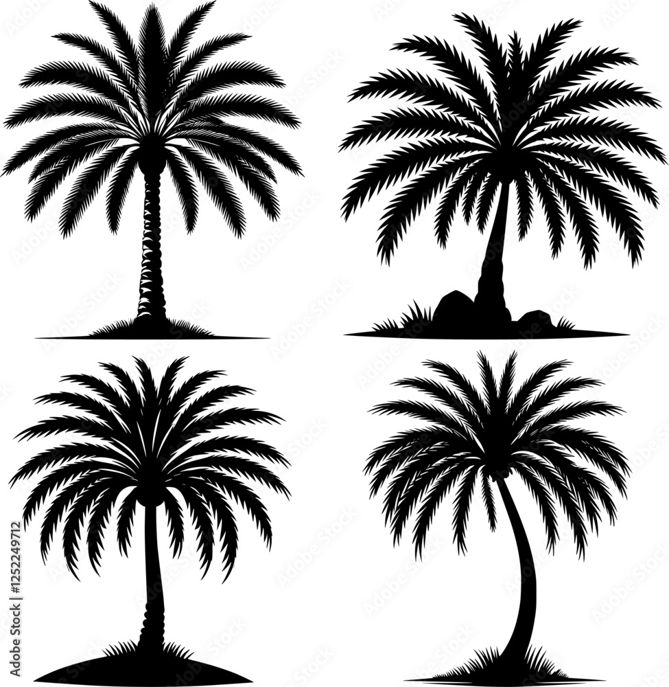 Fototapeta premium silhouettes of date tree, Tropical beach sunset with palm tree silhouettes and ocean view, perfect for vacation and paradise vibes