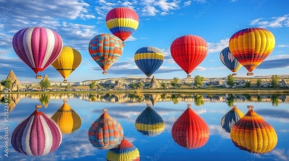 Obraz premium Colorful Hot Air Balloons Soaring Over Scenic Landscape