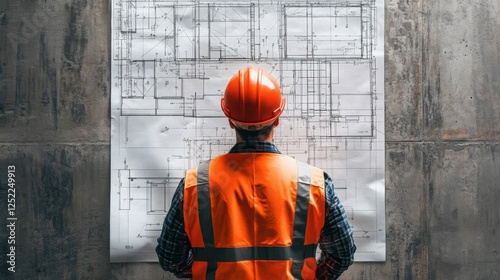 A construction worker examines blueprints on a wall, highlighting planning and safety.