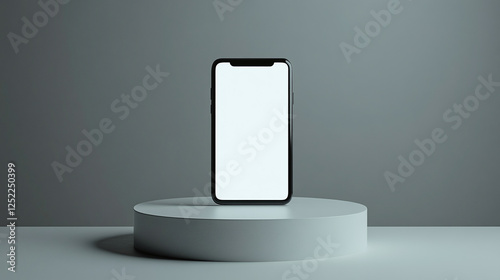 Floating smartphone mockup with blank white screen against plain gray background with white podium.