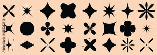 Collection of brutal contemporary figure spiral flower star oval circle and other elements. Abstract minimal geometric elements shapes and grids set. Brutalist design. Y2k style geometric shape. 