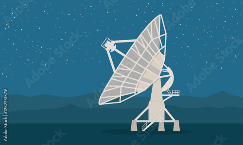 Radio telescope with starry night sky background. Space exploration and astronomy illustration concept.