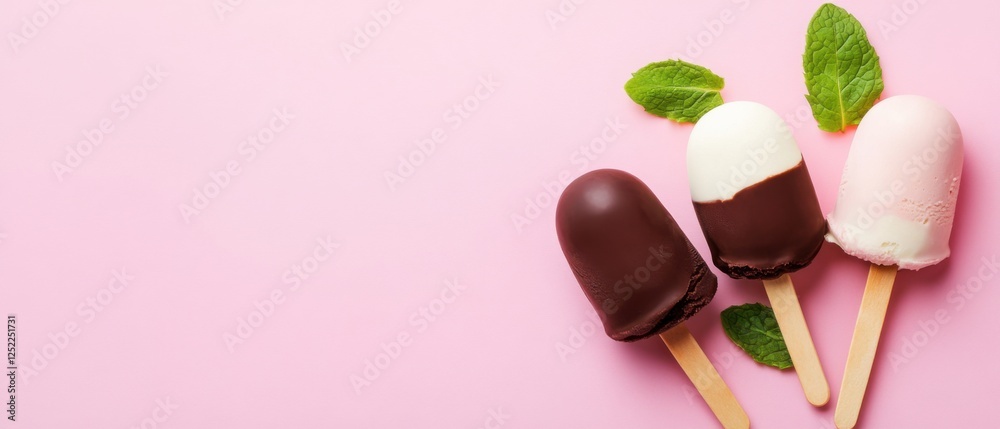 Delicious Ice Cream Bars on Pink Surface with Fresh Mint Leaves Delicious Ice Cream Bars on Pink Surface with Fresh Mint Leaves